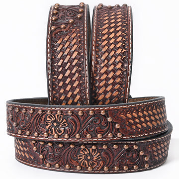 BAR H EQUINE Floral Basket Hand Tooled Western Leather Men And Women Belt Brown